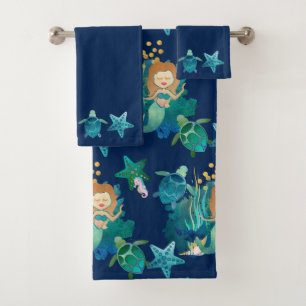 Conjunto De Toalhas Sob o Mar de Sereia Fantasy Blue