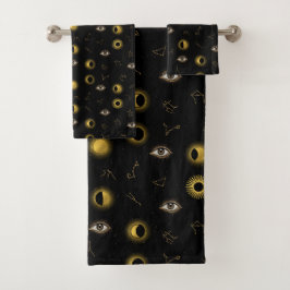 Conjunto De Toalhas Sol Celestial Dourado Negro e Lua