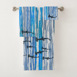 Conjunto De Toalhas Sombras de Azul, Cinzas e Stripes Brancas e Tubarõ