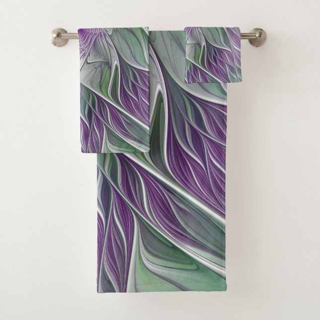 Conjunto De Toalhas Sonho de Flor, Arte Fractal Verde Abstrato púrpura (Insitu)