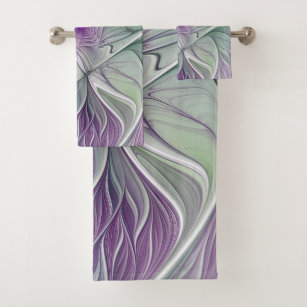 Conjunto De Toalhas Sonho de Flor, Arte Fractal Verde Abstrato púrpura