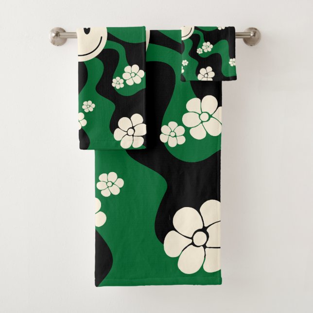 Conjunto De Toalhas Sorria - Verde, Creme e Preto (Insitu)