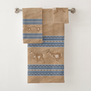 Conjunto De Toalhas Southwest Pronghorns Running Antelope Blue Border