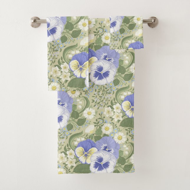 Conjunto De Toalhas Spring Garden flowers on sage (Insitu)