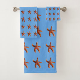 Conjunto De Toalhas Starfish e mar sobre fundo azul