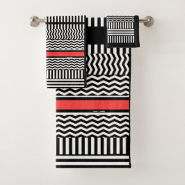 CONJUNTO DE TOALHAS STRIPES DE CHEVRON BRANCOS PRETOS + BANDA VERMELHA
