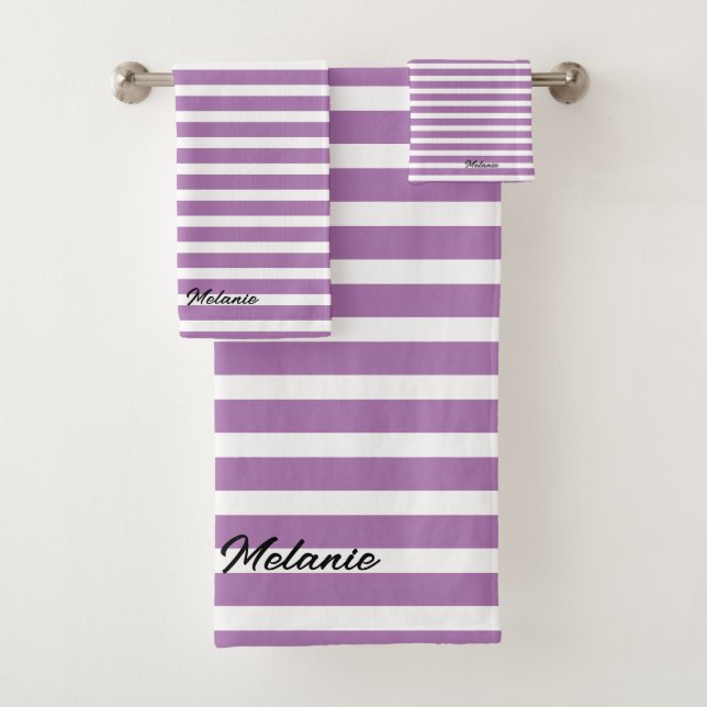 Conjunto De Toalhas Stripes Padrão Nome Personalizado Lavanda Roxo Bra (Insitu)