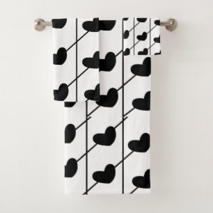 Conjunto De Toalhas Stripes Pretas e Brancas com Corações Pretos