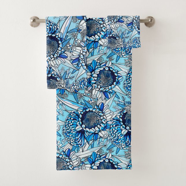 Conjunto De Toalhas Summer Blue Waratah Florals (Insitu)