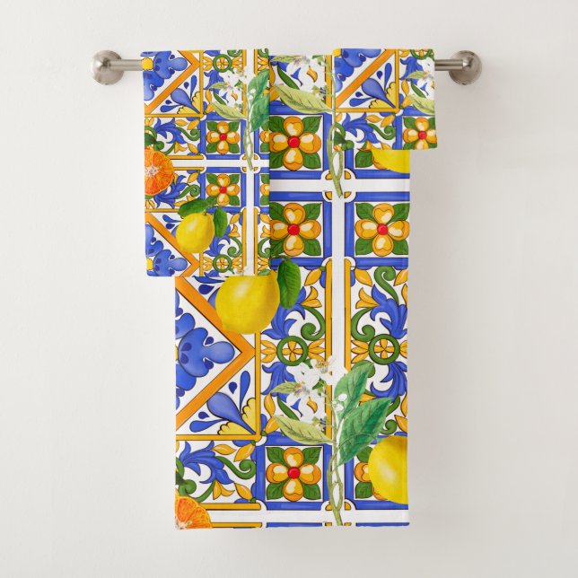 Conjunto De Toalhas Summer ,Sicilian tiles ,citrus,oranges,majolica    (Insitu)