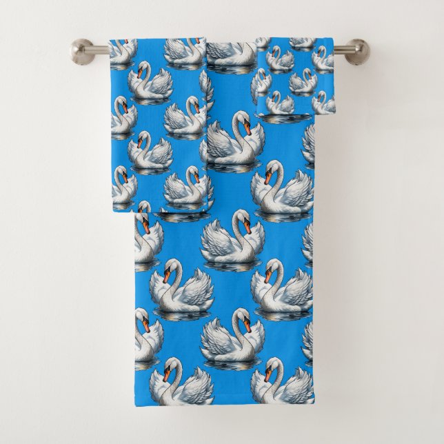 Conjunto De Toalhas Swan Birds Pattern Design On Blue  (Insitu)