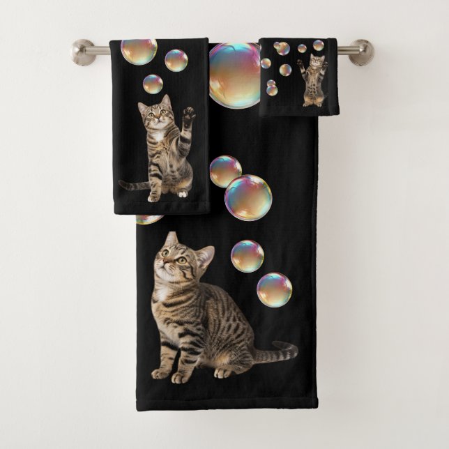 Conjunto De Toalhas Tabby Cat Bubbles Cat  (Insitu)