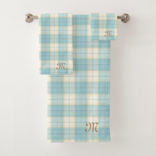 Conjunto De Toalhas Tartan Azul Claro Personalizado Monograma