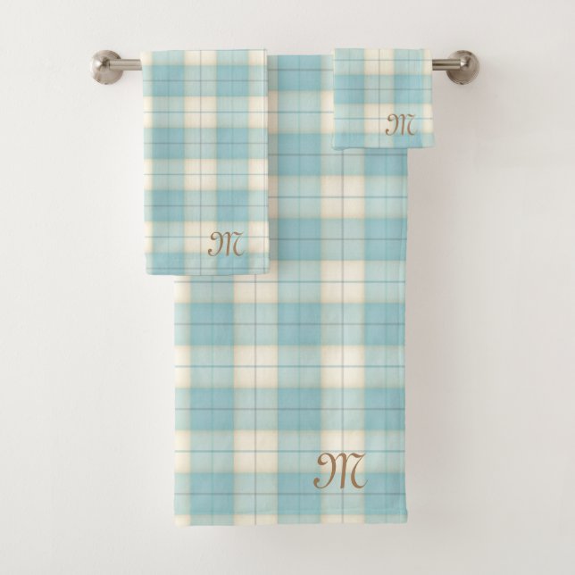 Conjunto De Toalhas Tartan Azul Claro Personalizado Monograma (Insitu)