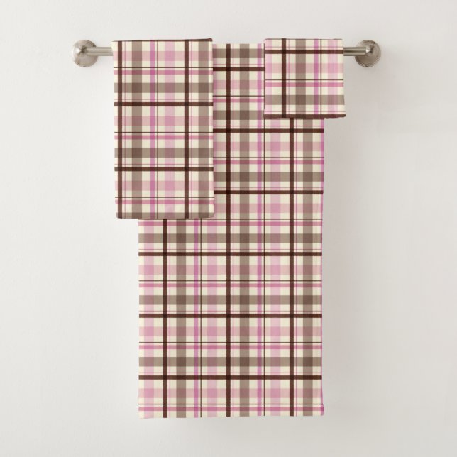 Conjunto De Toalhas Tartan de Xadrez rosa e café (Insitu)