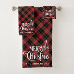 Conjunto De Toalhas Tartan Xadrez Preto Vermelho Fazenda Natal Persona