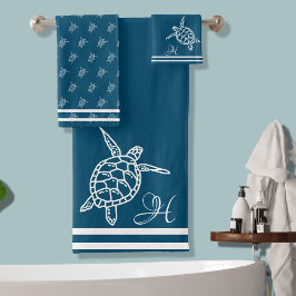 Conjunto De Toalhas Tartaruga do Mar Monograma Azul Pavão Azul Costeir