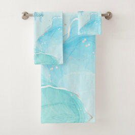Conjunto De Toalhas Tartaruga Prata Azul Claro Mármore Monograma Seu N