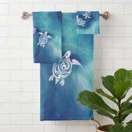 Conjunto De Toalhas Tartarugas Brancas em Aquarela de Oceano Azul Cost