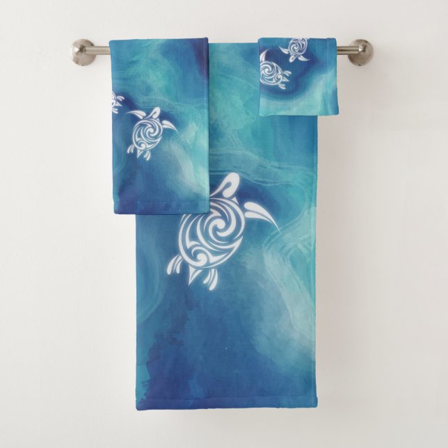 Conjunto De Toalhas Tartarugas brancas no oceano azul Aquarela Costeir (Insitu)