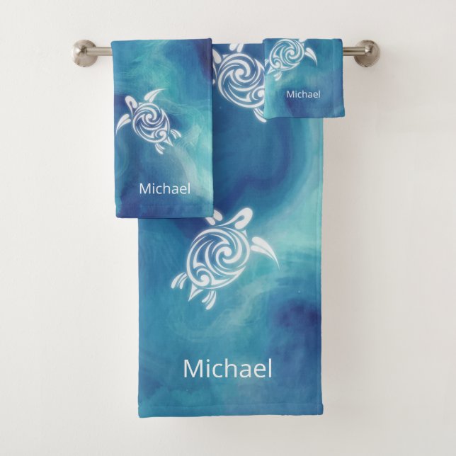 Conjunto De Toalhas Tartarugas brancas no oceano azul Aquarela Nome (Insitu)