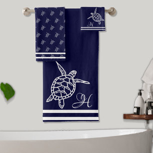Conjunto De Toalhas Tartarugas do Mar Monograma Marinho Azul Costeira