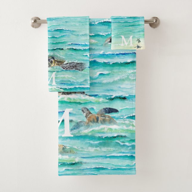 Conjunto De Toalhas Tartarugas marinhas Aquarelas Monograma Oceano (Insitu)