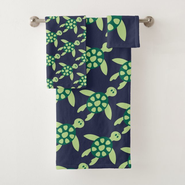 Conjunto De Toalhas Tartarugas Nadadoras Padrões Ilustrados em Azul (Insitu)