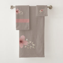 Conjunto De Toalhas Taupe e Floral Rosa