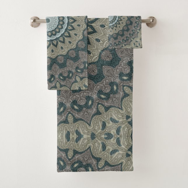 Conjunto De Toalhas Taupe e Teal Mandala com Simetria Tribal (Insitu)