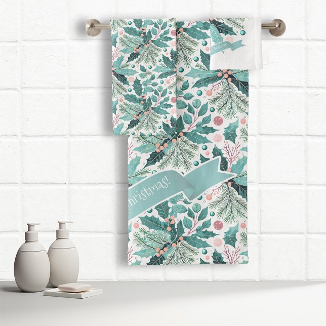 Conjunto De Toalhas Teal Christmas Holly Berries Pattern#17 ID1009 (Criador carregado)