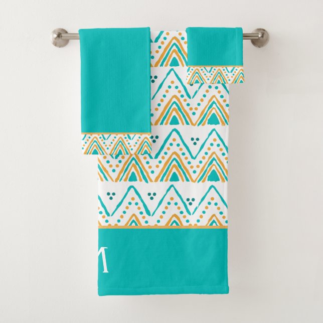 Conjunto De Toalhas Teal Orange Boho Tribal Patterno Monograma (Insitu)