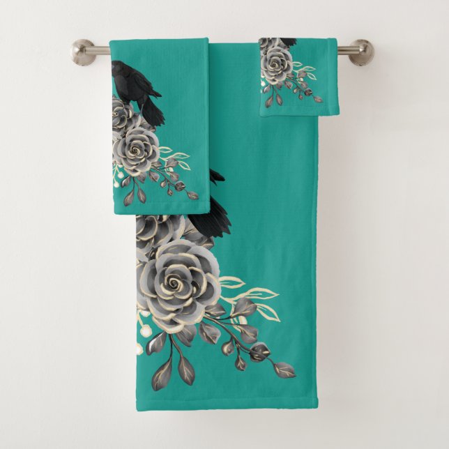 Conjunto De Toalhas Teal Rosa Crows Ravens (Insitu)