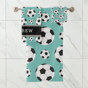 Conjunto De Toalhas Teal Soccer Balls Padrão Criança Menino Nome do Jo
