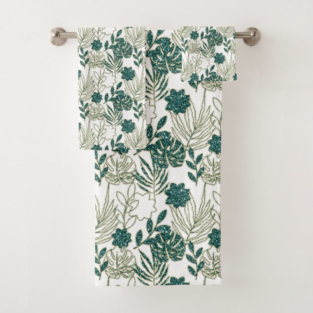 Conjunto De Toalhas Teal Tropical Monstera Botânica Folheto Branco Ver (Insitu)