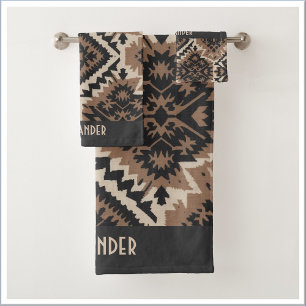 Conjunto De Toalhas Tecido de Lama Étnico Tribal Preto e Marrom