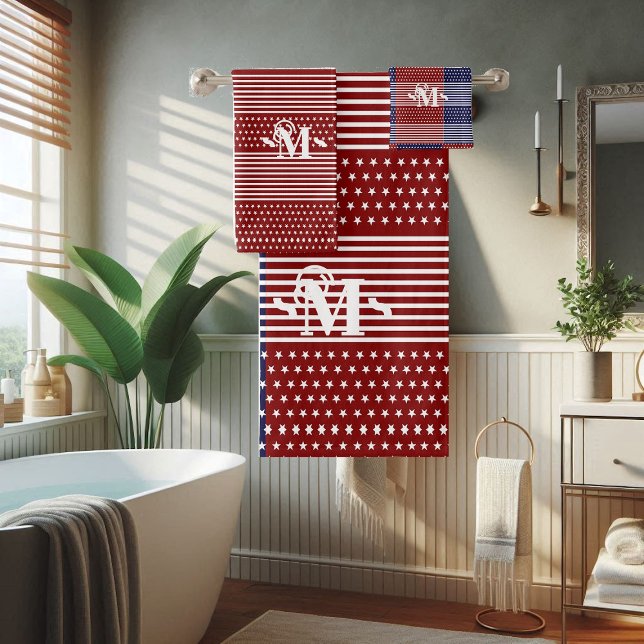 Conjunto De Toalhas Tema Branco Vermelho e Azul Estrelas e Stripes Mon (Red White and Blue Theme Stars & Stripes Monogram Bath Towel Set)