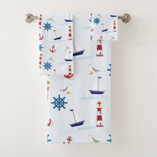 Conjunto De Toalhas Tema Náutico Barcos e Faróis Azuis