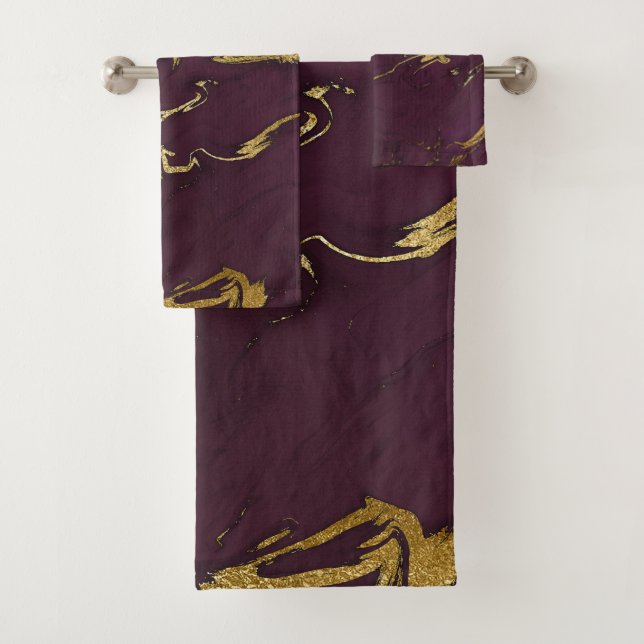 Conjunto De Toalhas Tendência Moderna, Roxo Profundo e Dourado Marble (Insitu)