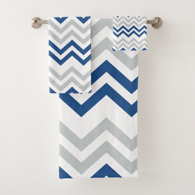 Conjunto De Toalhas Tendy Blue E Cinza Chevron (Insitu)