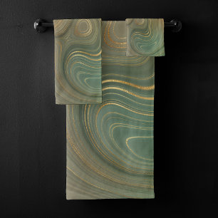 Conjunto De Toalhas Terra Olive Strata   Agato de tinta verde e Dourad