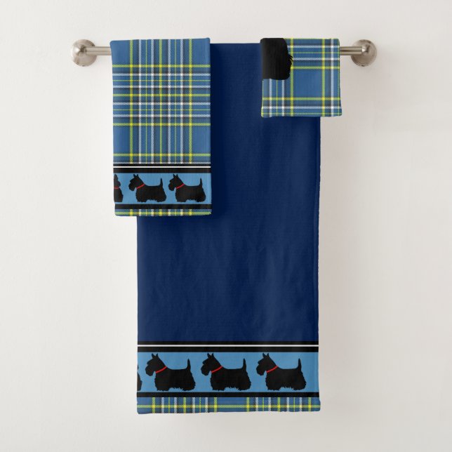 Conjunto De Toalhas Terrier escocês/colar vermelho/xadrez azul/frontei (Insitu)