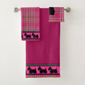 Conjunto De Toalhas Terrier Escocês/colarinho vermelho/xadrez rosa/bor