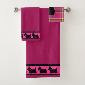 Conjunto De Toalhas Terrier Escocês/colarinho vermelho/xadrez rosa/bor