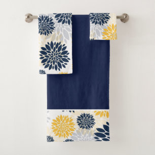 Conjunto De Toalhas Teste padrão de flor Dourado dos azuis marinhos