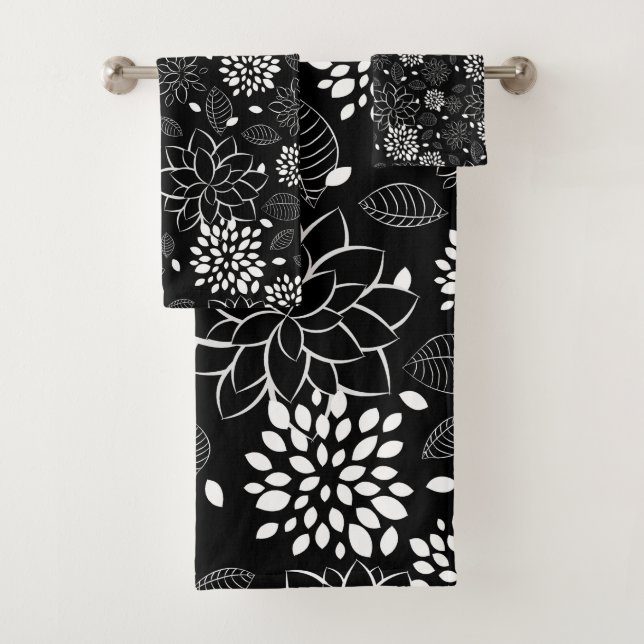 Conjunto De Toalhas Teste padrão floral preto e branco (Insitu)
