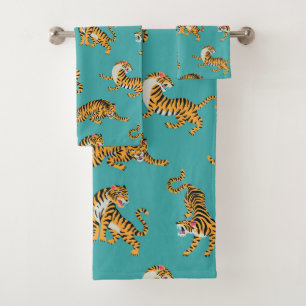 Conjunto De Toalhas Tiger sobre o padrão do Teal
