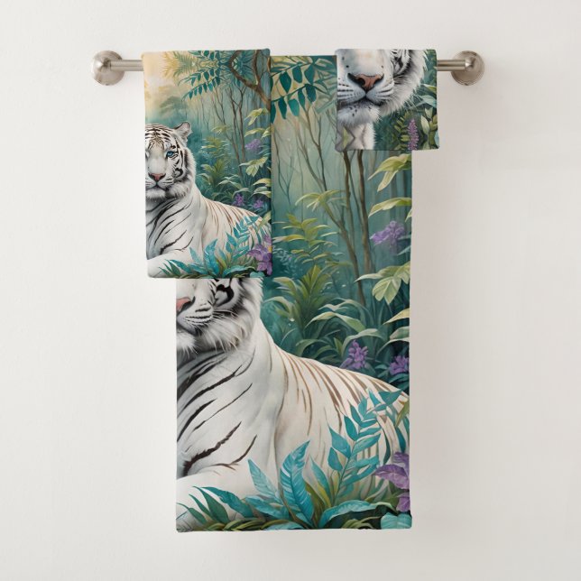 Conjunto De Toalhas Tigre branco numa selva verde azul (Insitu)