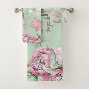Conjunto De Toalhas Tipografia floral cor-de-rosa verde da colagem do