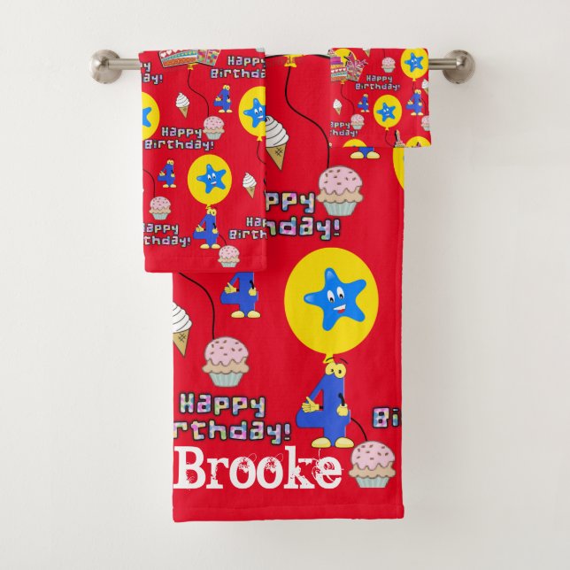 Conjunto De Toalhas Toalhas, #4 Feliz 4.º aniversário Vermelho (Insitu)